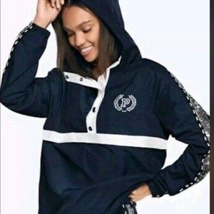 VIctoria Secret PINK windbreaker XS/S oversized nylon navy blue sequins hood